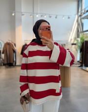 kırmızı 154 bisiklet yaka çizgili sweatshirt